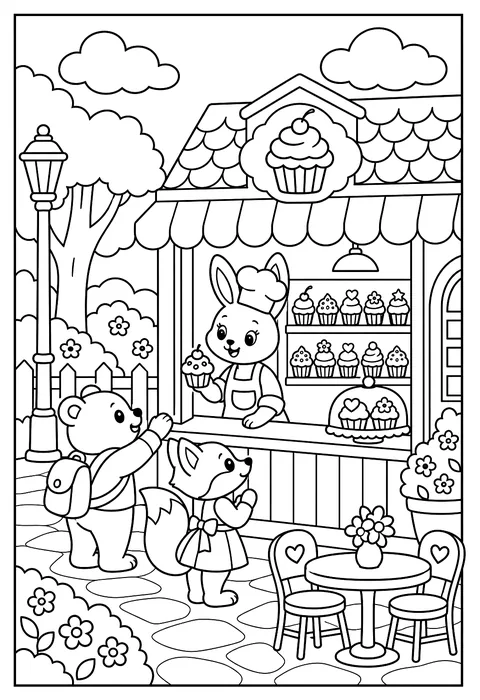 A bakery with 1 to 10 cupcakes on shelves to count coloring page