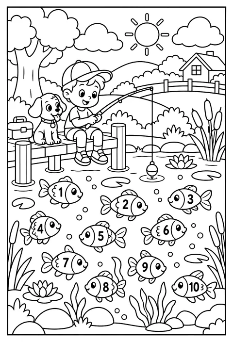 A fishing pond with numbered fish 1 to 10 coloring page