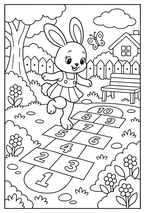 A hopscotch game with numbers and a bunny hopping coloring page