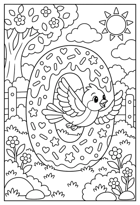 Number 0 as a donut with a bird flying through coloring page