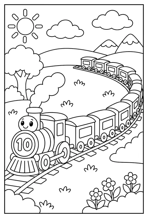 Number 10 as a train engine pulling ten cars coloring page