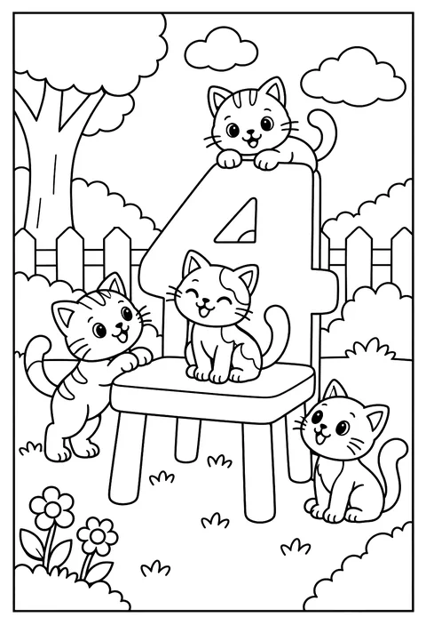 Number 4 as a chair with four cats coloring page