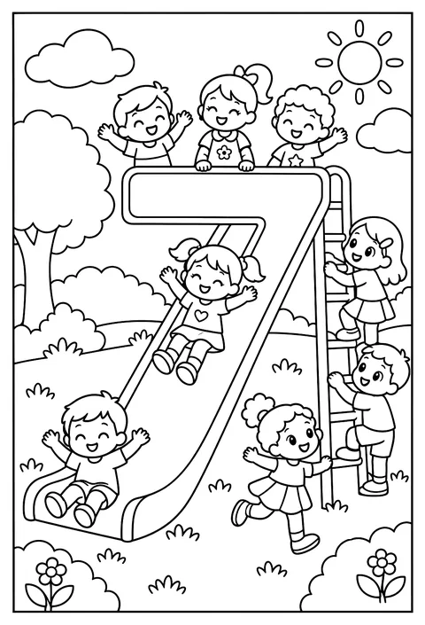 Number 7 as a slide with seven kids coloring page