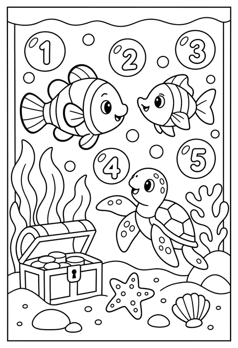 A number aquarium with numbered bubbles coloring page