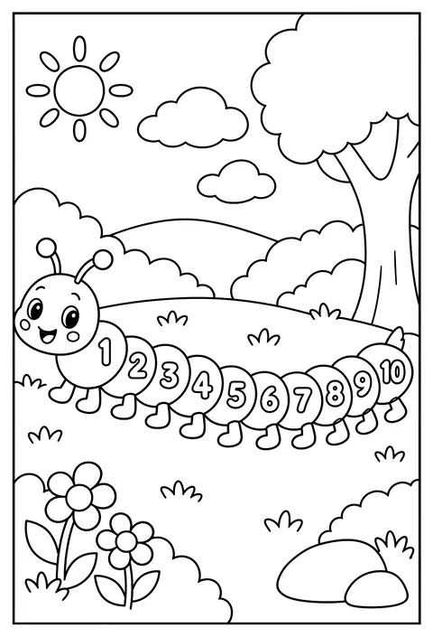 A number caterpillar with 1 to 10 on its body coloring page