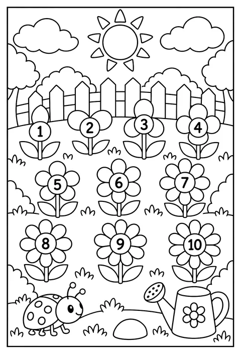 A number garden: flowers with 1 to 10 petals coloring page