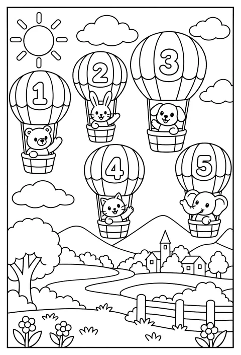 A number hot-air balloon race, balloons numbered 1 to 5 coloring page