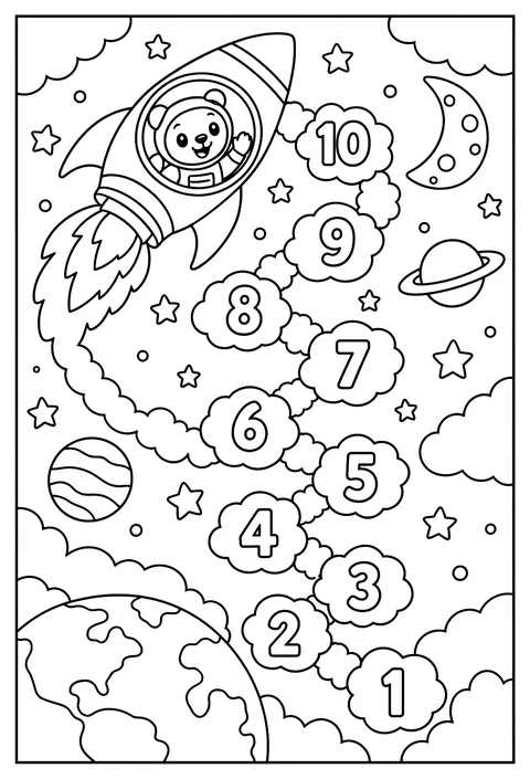 A number rocket countdown from 10 to 1 in the sky coloring page