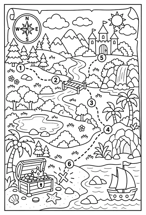 A number treasure map with numbered steps to the X coloring page