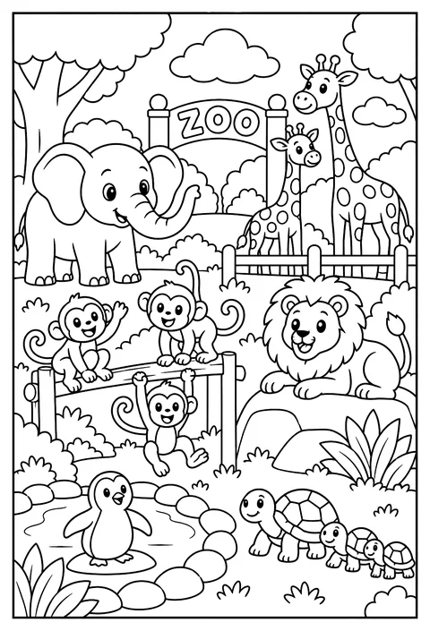 A number zoo: 1 elephant, 2 giraffes, 3 monkeys and so on coloring page