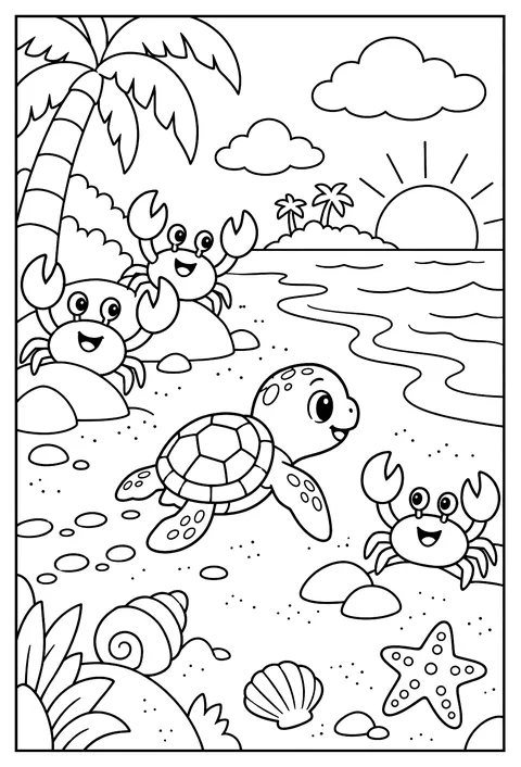 A baby sea turtle racing to the sea while crabs cheer coloring page