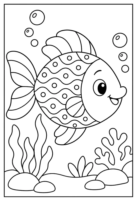 Close-up of a fish whose scales are drawn as a pattern of waves and dots coloring page