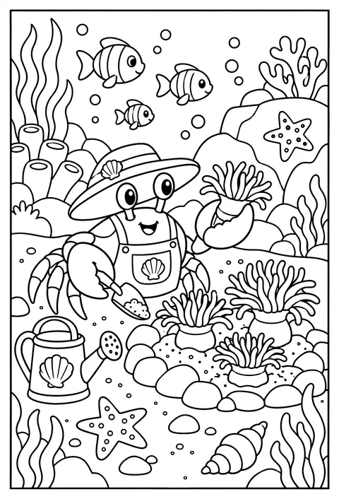 A crab gardener growing sea anemones coloring page