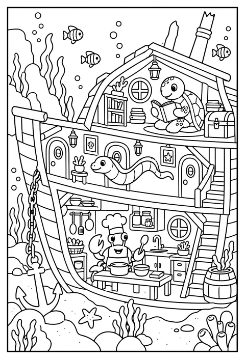 Cutaway of a sunken ship turned into an apartment coloring page