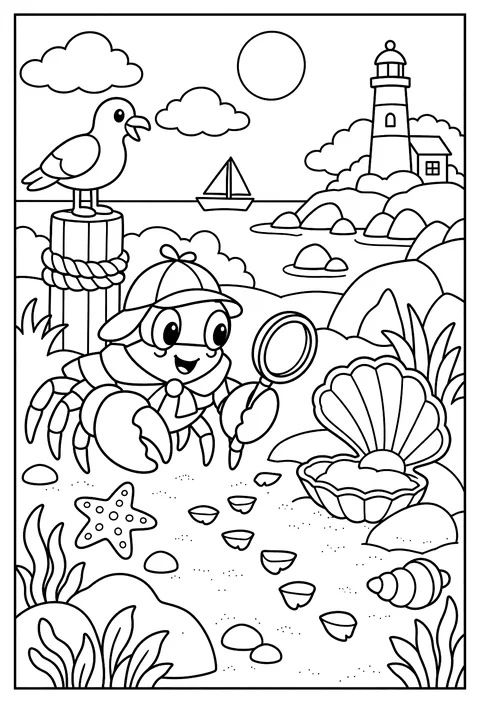 A detective crab solving the case of the missing pearl coloring page