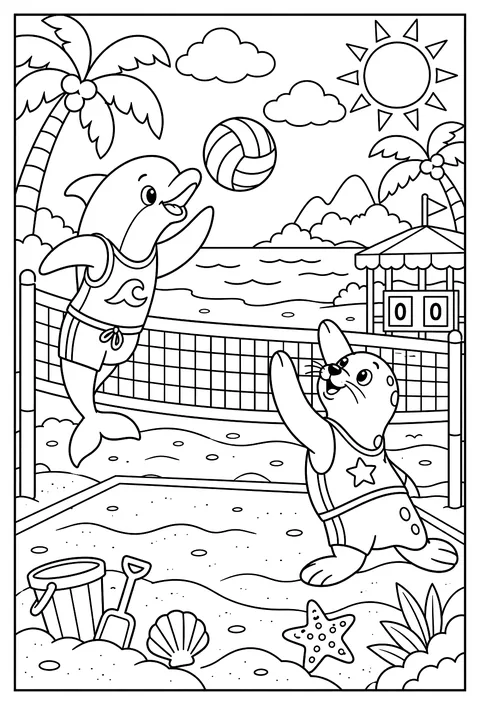 A dolphin and a seal running a beach volleyball tournament coloring page