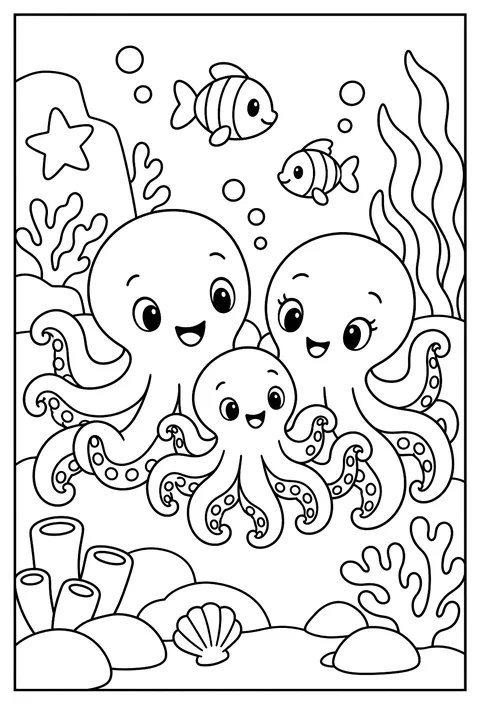 An ocean family portrait: an octopus family with lots of arms coloring page