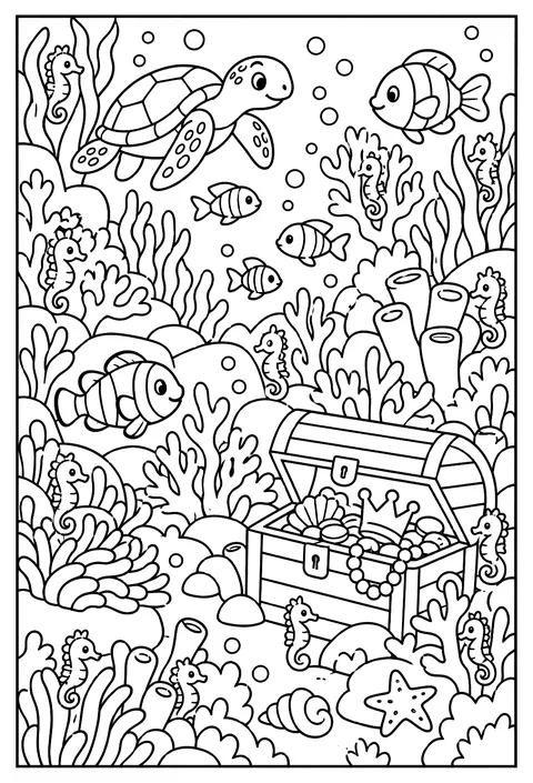 Hidden-object page: a coral reef with 12 hidden seahorses coloring page