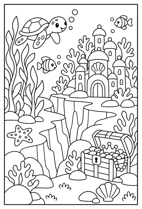 A map of the ocean floor with a coral city, a kelp forest, a trench and a hidden treasure chest coloring page