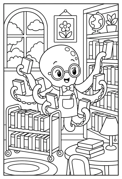 An octopus librarian shelving eight books at once coloring page
