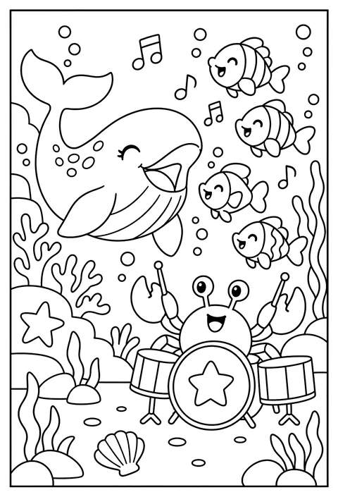 An ocean orchestra: whale singer, crab drummer, fish choir coloring page
