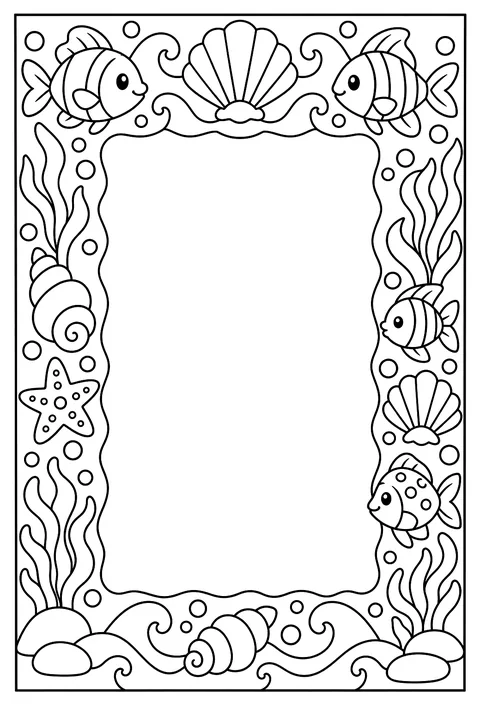 A page-border pattern of waves, shells, fish and bubbles around an empty frame coloring page