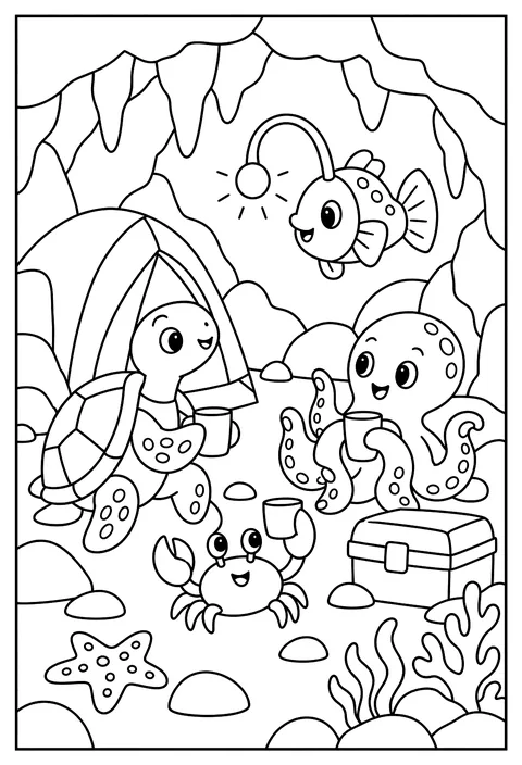 Sea creatures camping in a cave with a glowing anglerfish lantern coloring page