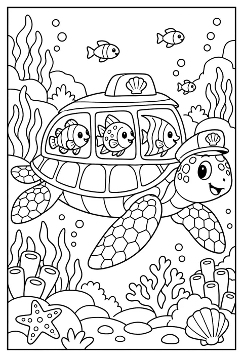 A sea turtle taxi carrying fish passengers coloring page
