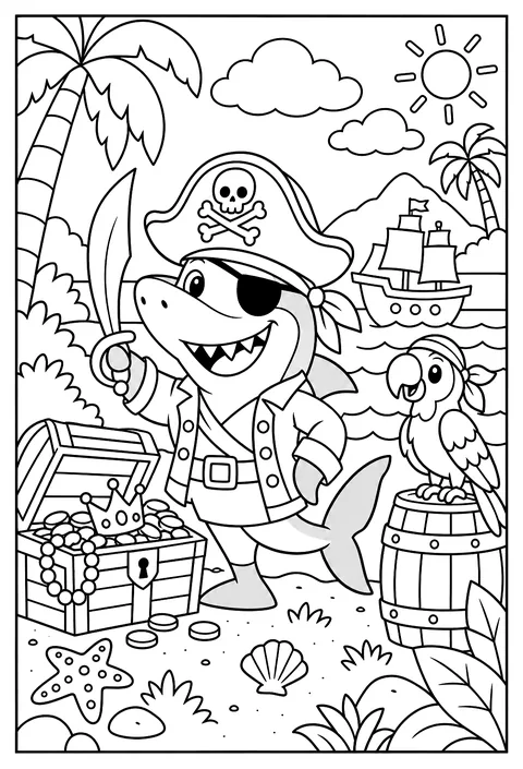 A shark pirate with an eye patch and a very friendly grin coloring page