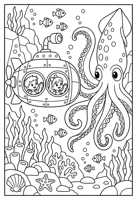 A submarine with kids looking at a giant squid waving coloring page