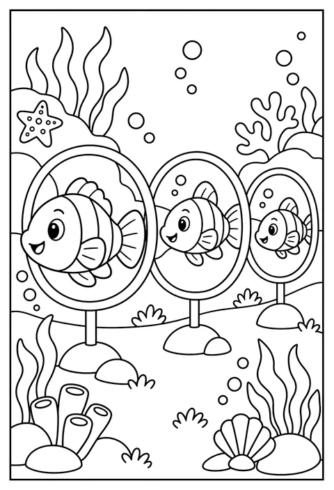 An ocean train: a line of fish swimming through a hoop tunnel coloring page
