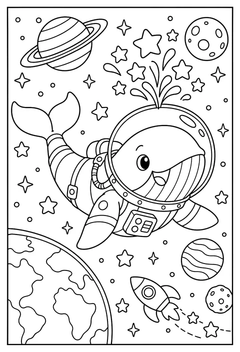 A whale astronaut spouting stars in space coloring page