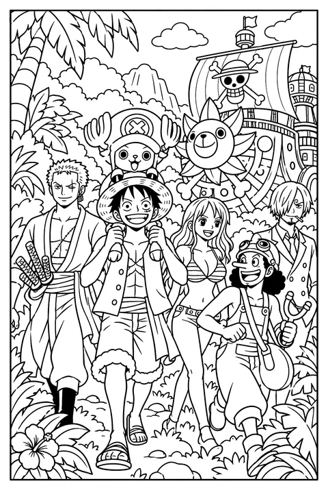 Chopper riding on Luffy's shoulders while walking through a jungle coloring page