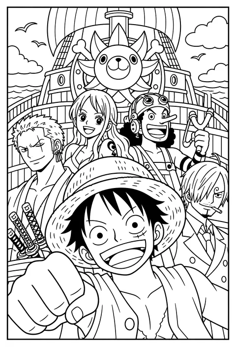 A close-up portrait of Luffy's face with his straw hat and the scar under his eye coloring page