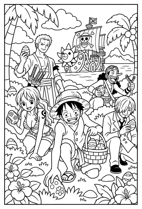 An Easter egg hunt on a tropical island beach lined with palm trees coloring page