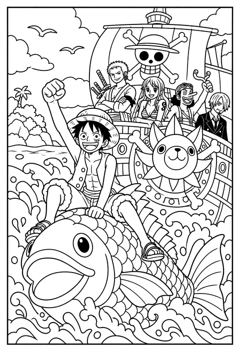 Luffy riding on the back of a giant fish through ocean waves coloring page