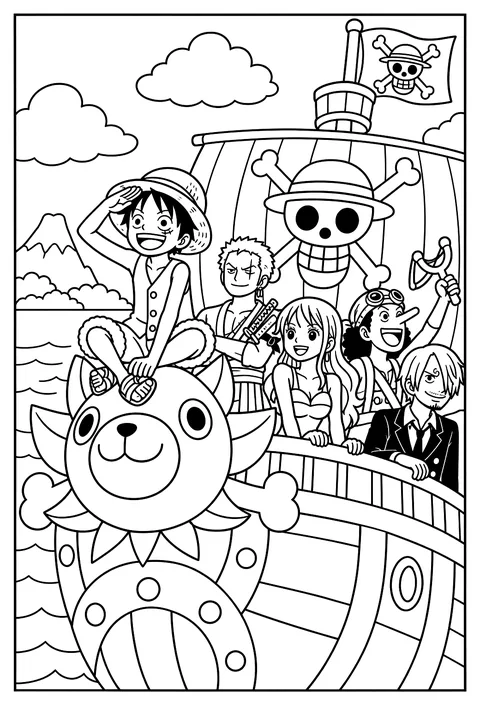 Luffy sitting on the ship's figurehead looking out at the horizon coloring page