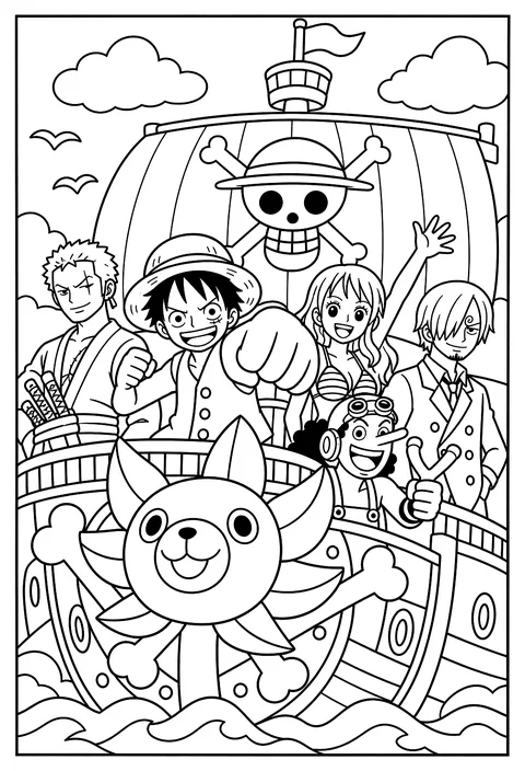 Luffy stretching his arm back for a Gum-Gum punch with a determined grin coloring page