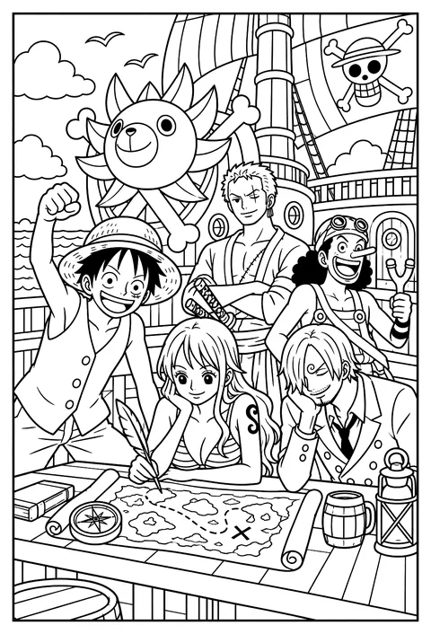 Nami studying a treasure map at a table with a compass and a quill coloring page