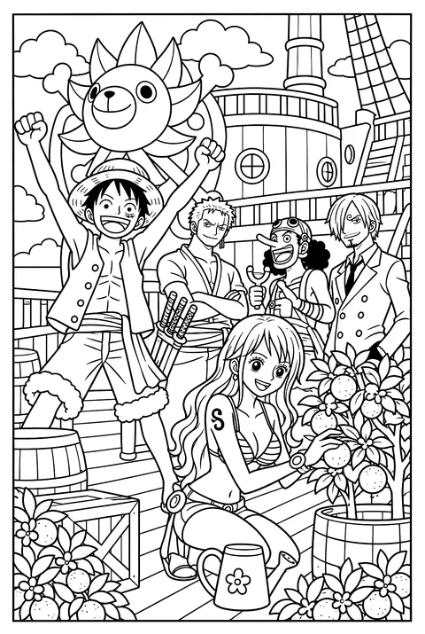 Nami tending a small orange tree grove on the ship's upper deck coloring page