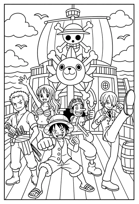 Sanji practicing a high kick in a fighting stance on the deck coloring page