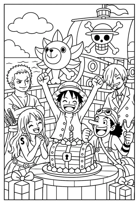 The crew celebrating Luffy's birthday with a cake shaped like a treasure chest coloring page