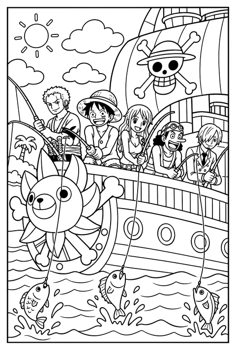 The crew fishing off the side of the ship with bent fishing rods coloring page