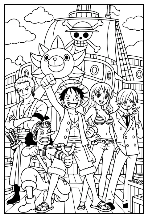 The whole crew group pose standing together on the deck of the Thousand Sunny coloring page