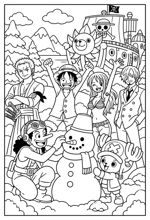 Usopp and Chopper building a snowman together on a snowy island coloring page