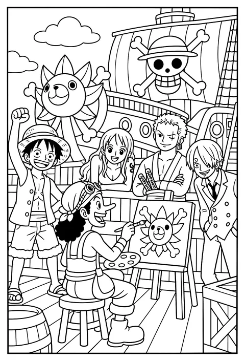 Usopp painting a picture at an easel on the ship's deck coloring page