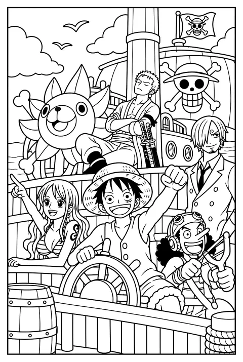 Zoro napping against the ship's mast with his three swords resting beside him coloring page