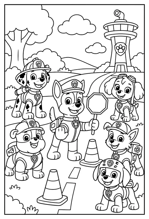 Chase directing traffic in his police uniform with cones and a stop sign coloring page