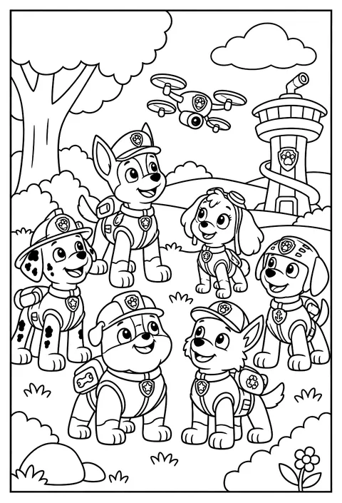 Chase flying his mini spy drone while looking for clues coloring page