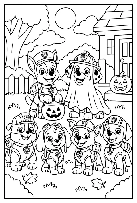 Chase in a pumpkin-bucket Halloween costume beside Marshall dressed as a friendly ghost coloring page